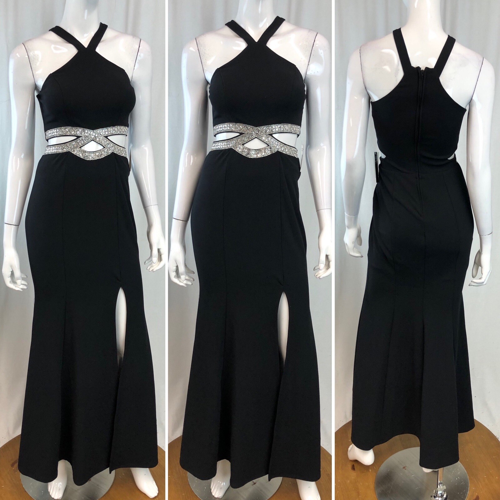 NWT Xtraordinary 1 Embellished Rhinestone Cut Out Slit Maxi Dress Formal Gown XS