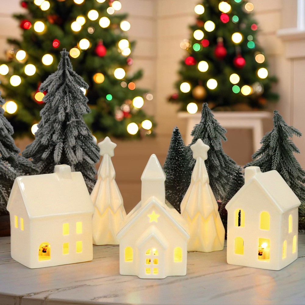 5 Pack Porcelain Light Up Christmas Village Sets, 3 Houses & 2 Trees Xmas Decor