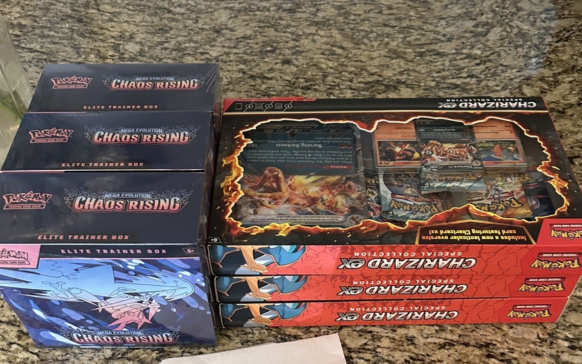 3x Chaos Rising ETB 3x Charizard Special Collection 3x Chaos Rising ETB 3x Charizard Special Collection