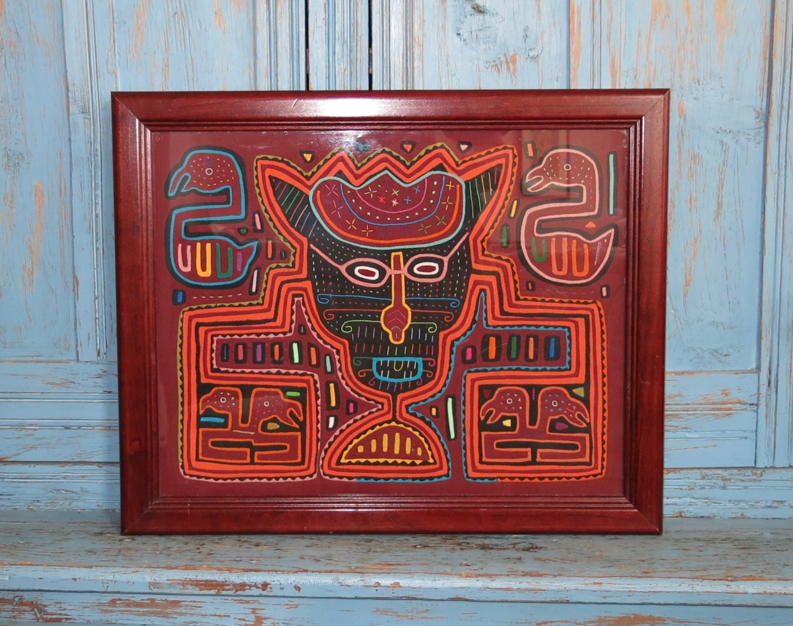 VINTAGE FRAMED PANAMA KUNA SAN BLAS HAND STITCHED MOLA MAN TEXTILE APPLIQUE