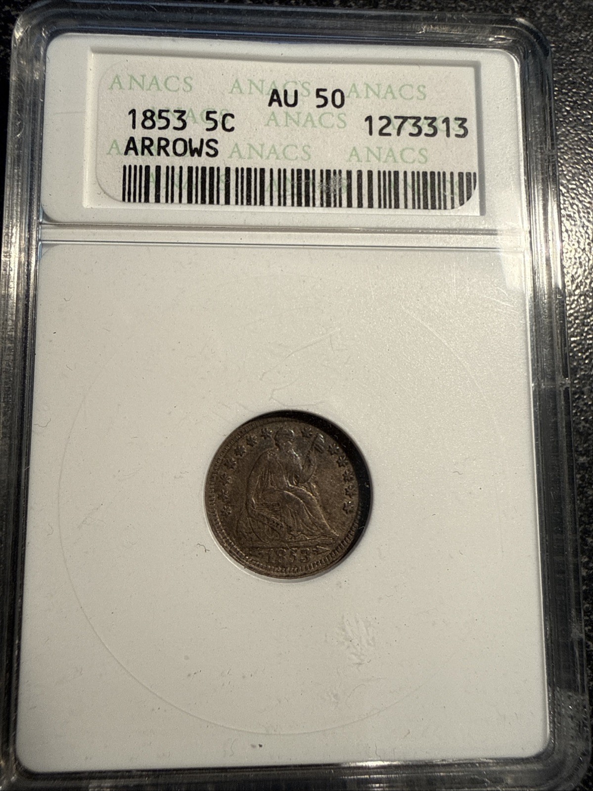 1853 Half Dime w/arrows ANACS Soap Box AU50. #19 1853 Half Dime w/arrows ANACS Soap Box AU50. #19
