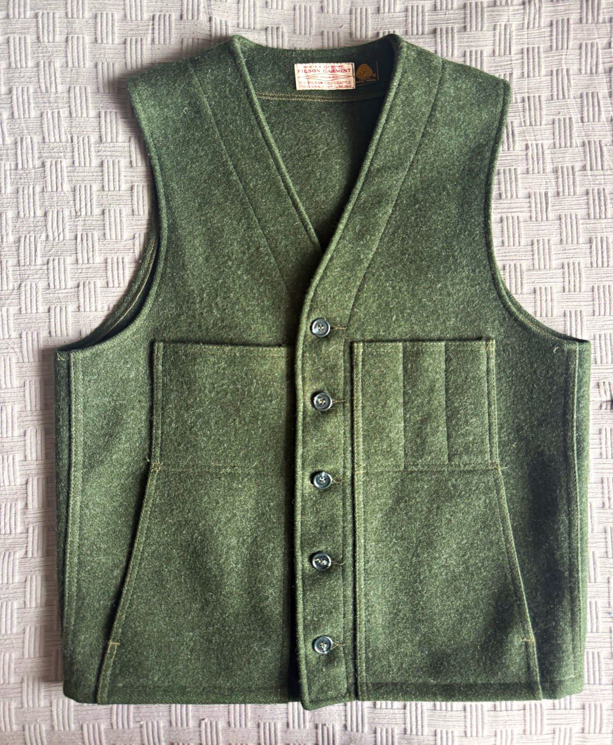 Vintage Filson Mackinaw Wool Vest Mens Forest Green 100% Virgin Wool 