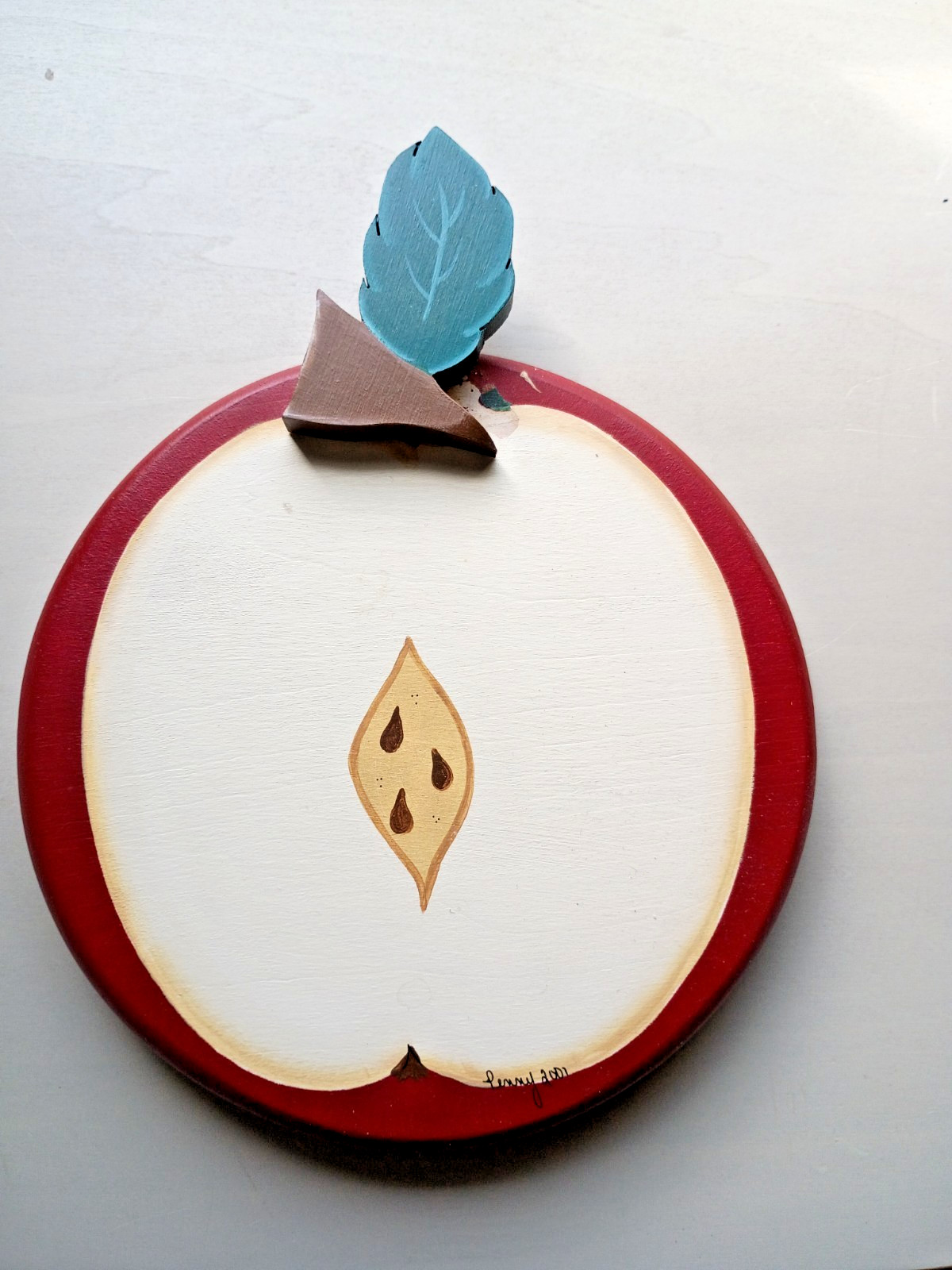 Vintage 2001 Longaberger Woodcrafts Painted Wooden Apple Basket Lid Signed Penny