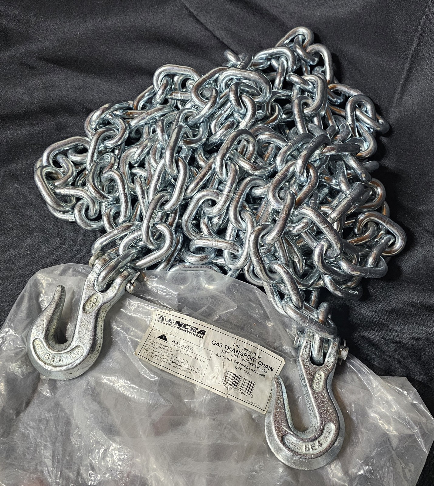 Ancra 49958-38-20 Transport Chain with Grab Hooks, Grade 43, 3/8-Inch by 20-Foot