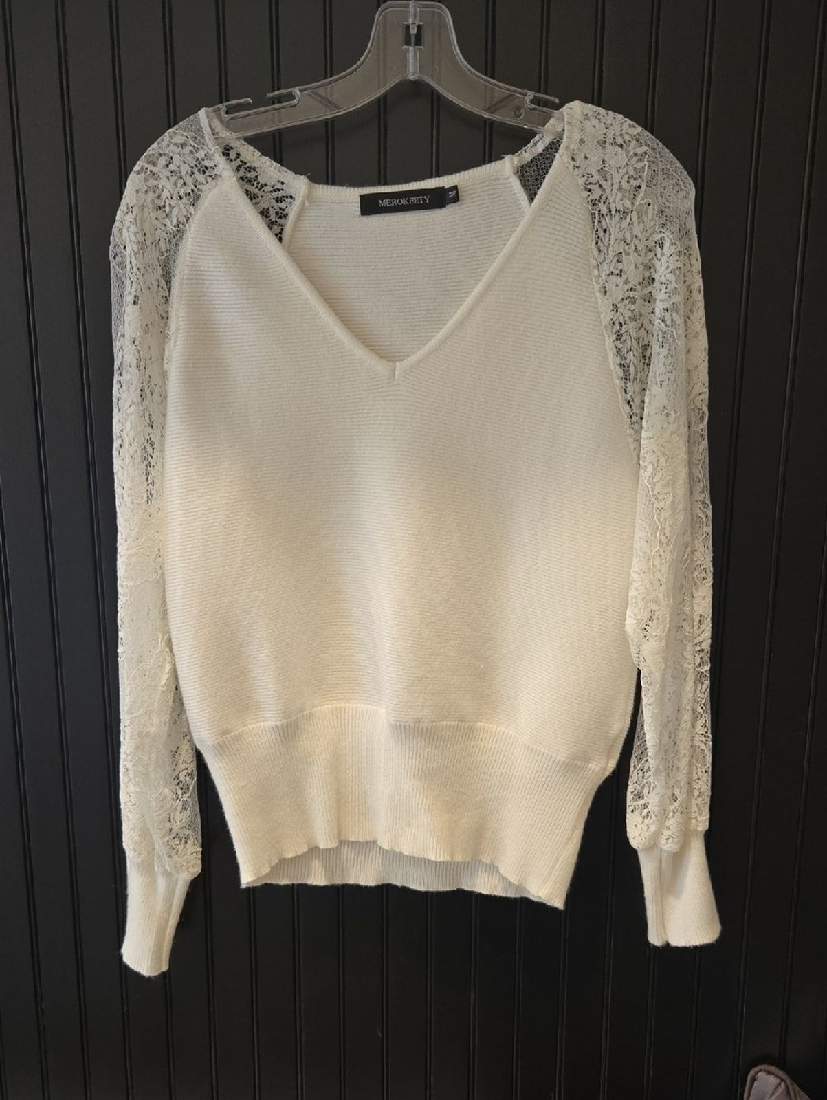 Merokeety White Lace Sleeve V-Neck Sweater Merokeety White Lace Sleeve V-Neck Sweater