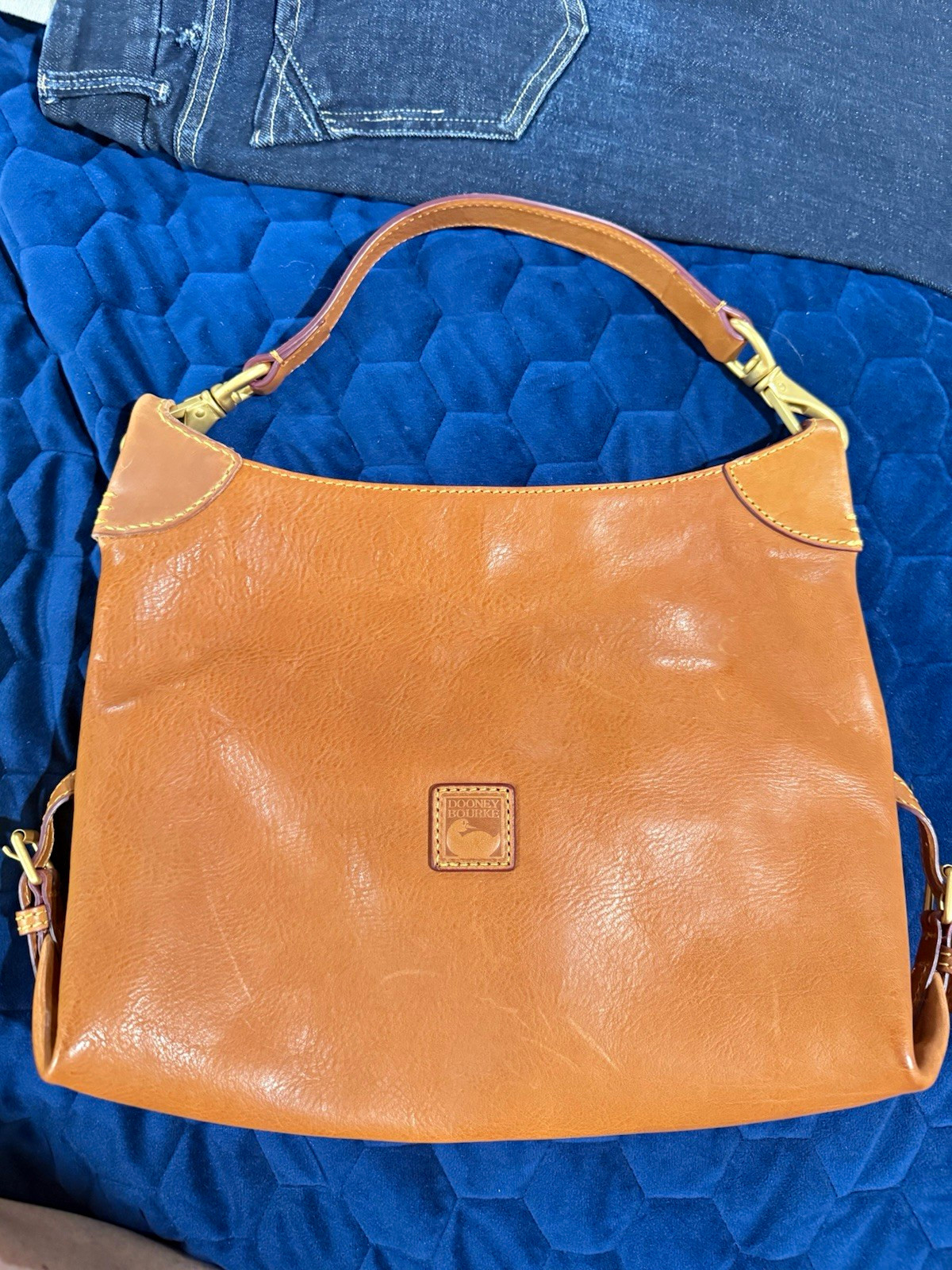 Dooney & Bourke Brown Shoulder Bag, Gold Hardware, Medium, Stitching, Card
