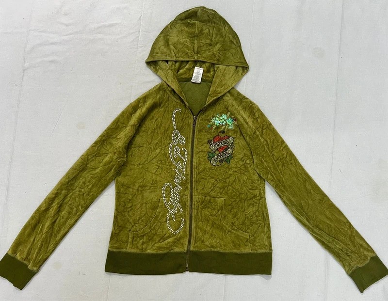 Vintage Ed Hardy Olive Green Rhinestone & Sequined Velour Full-Zip Hoodie Vintage Ed Hardy Olive Green Rhinestone & Sequined Velour Full-Zip Hoodie