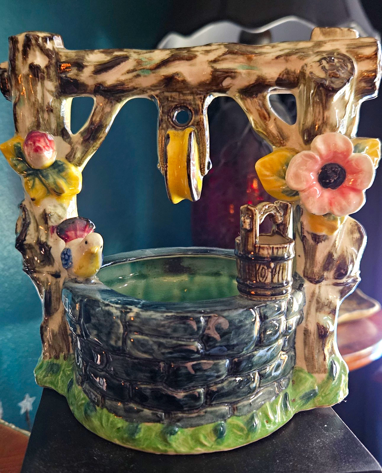 Ceramic Wishing Well Planter, Floral Glazed, Vintage, Made In Japan
