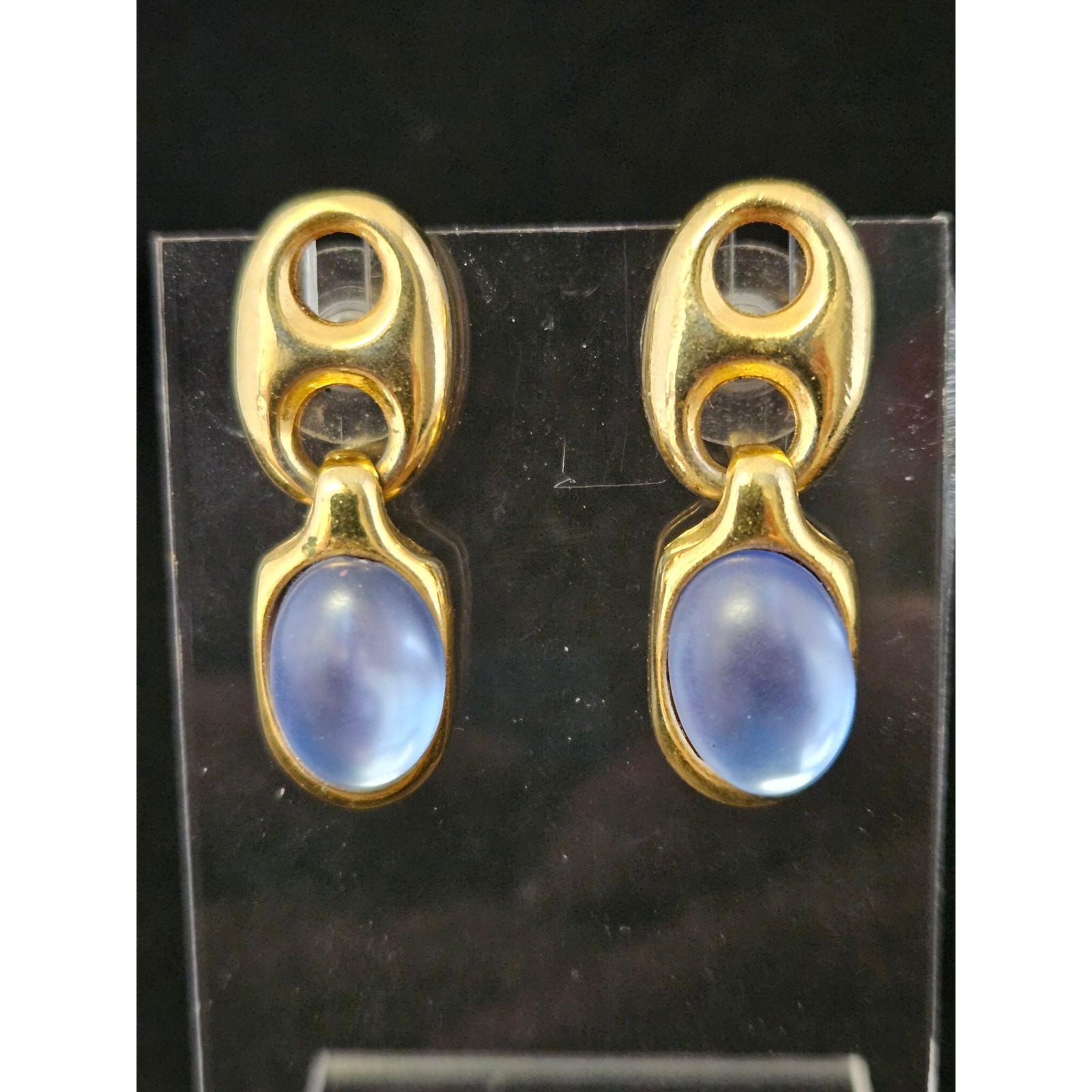 Vintage 80's Paolo Gucci Door Knocker Pierced Earring w/ Blue Moonglow Cabochons