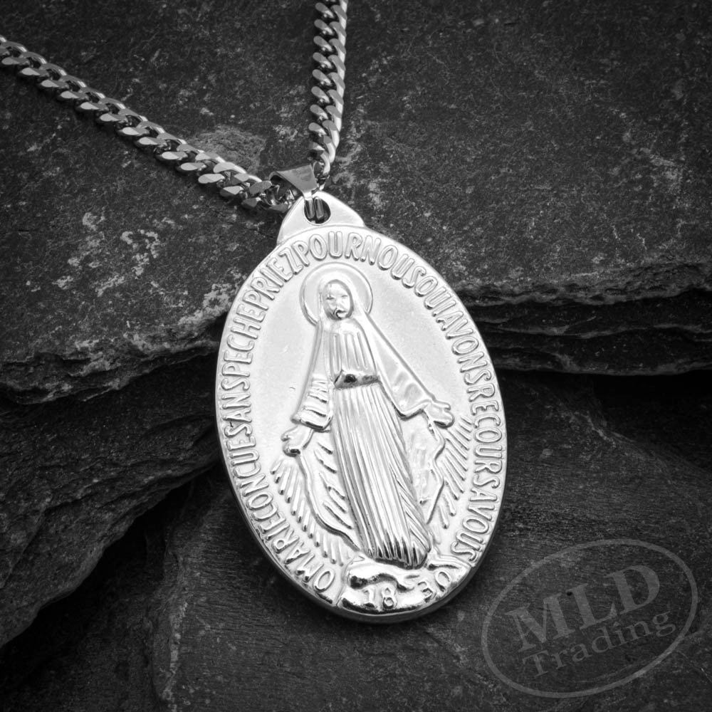Stainless Steel St Mary Miraculous Medal Pendant Necklace – 1-3/4\