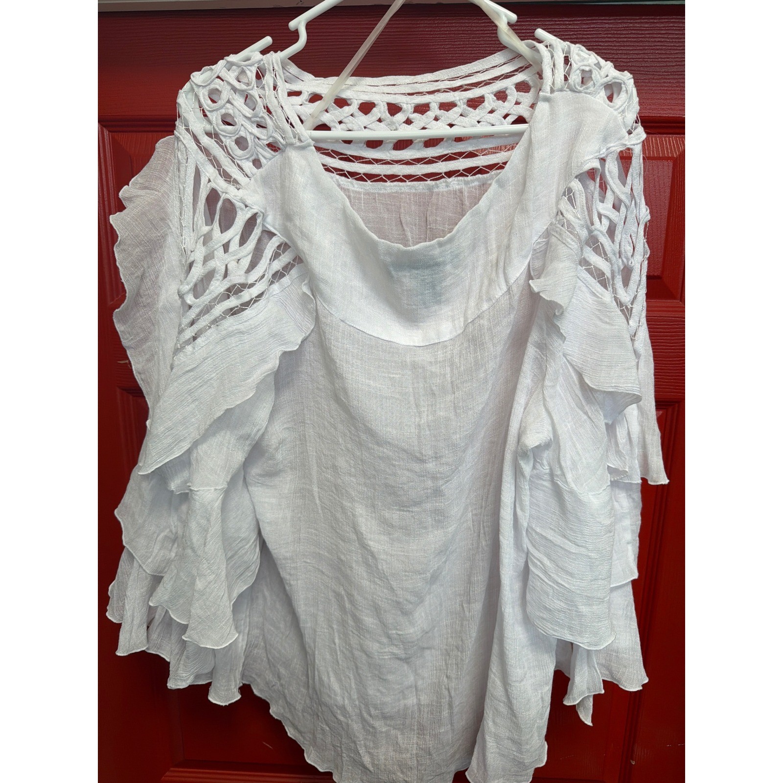 Ashley Stewart White Crochet Lattice Ruffle Sleeve Blouse Plus Size 18 Boho
