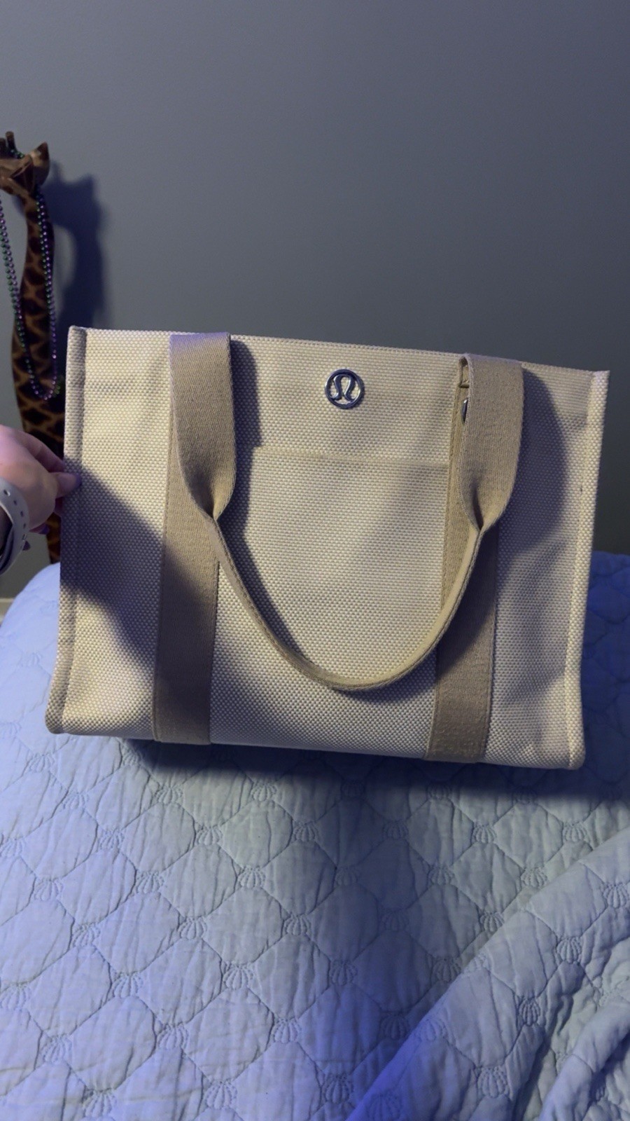 lululemon Beige Solid Tote Bag Snap Closure Interior Zip Pocket Double Handles
