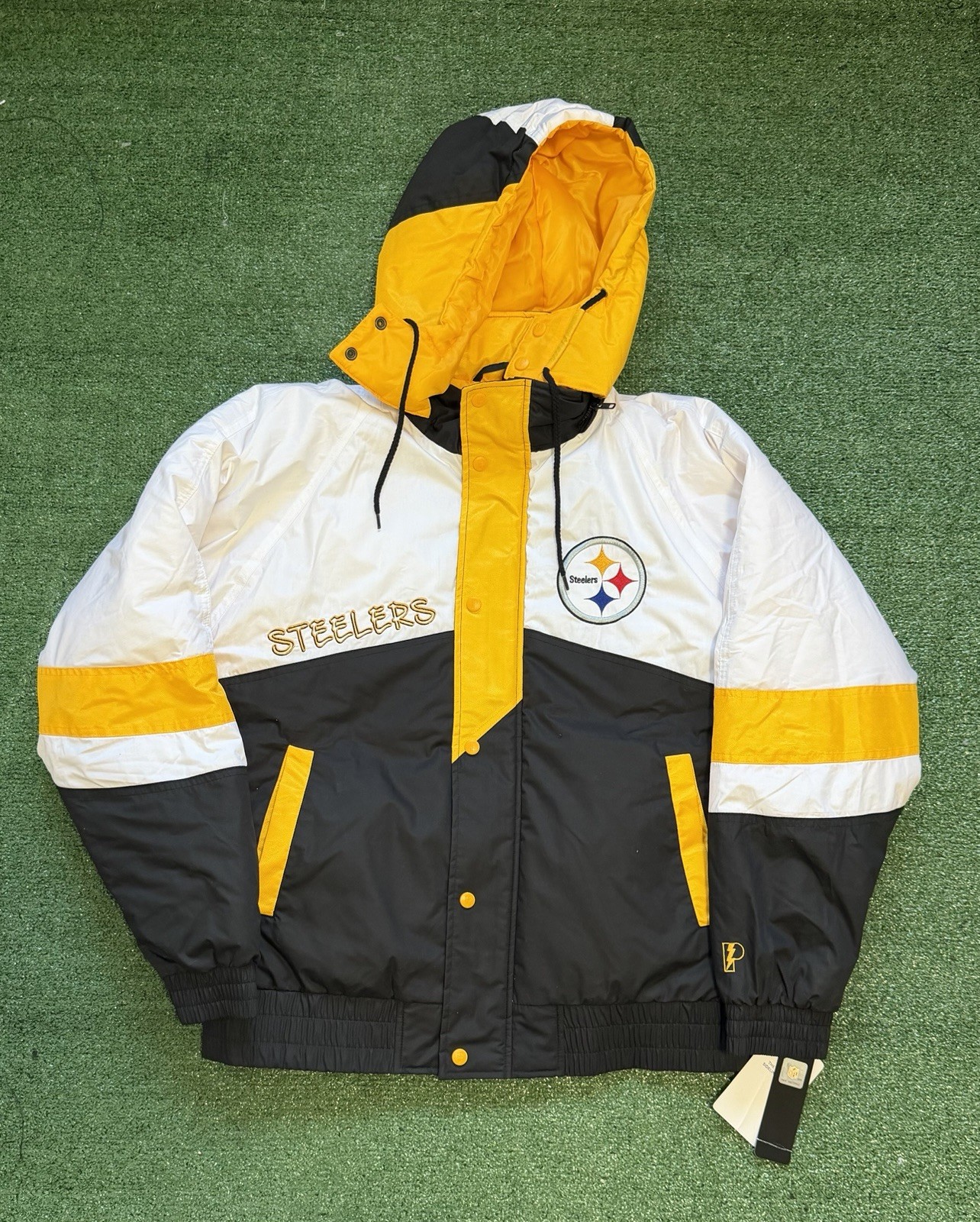 NFL Pittsburgh Steelers Script Puffer Hooded Jacket VTG 90 Pro Player Size Large