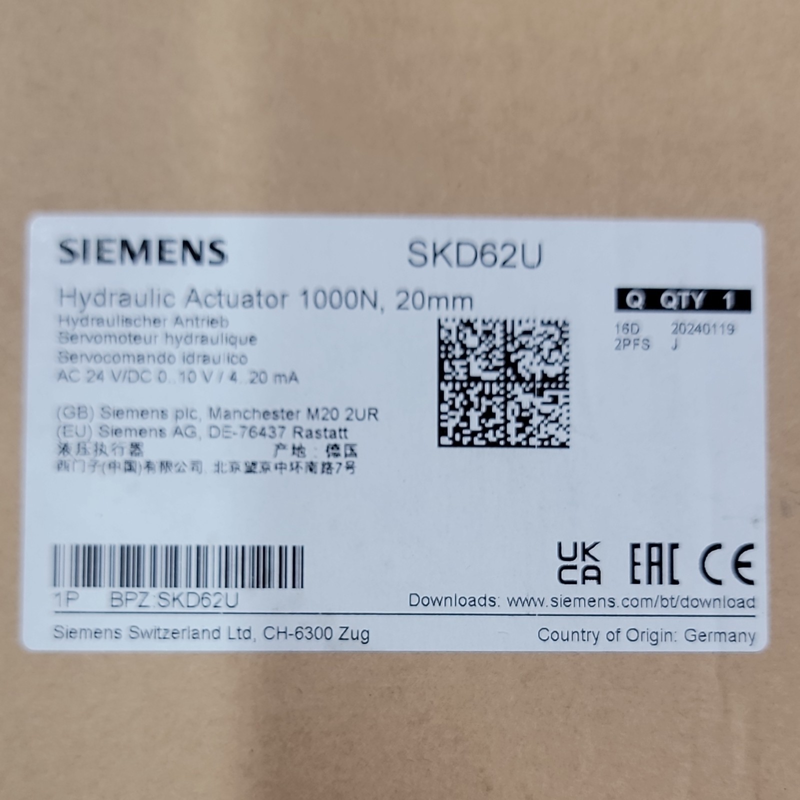 Siemens SKD62U Hydraulic Actuator 1000N 20mm 24VAC/DC 50/60Hz