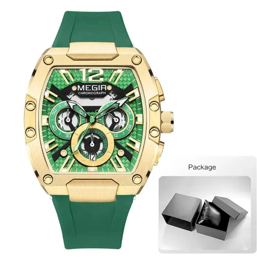 MEGIR Fashion Sport Quartz Watch for Men Waterproof Golden Green Silicone Strap