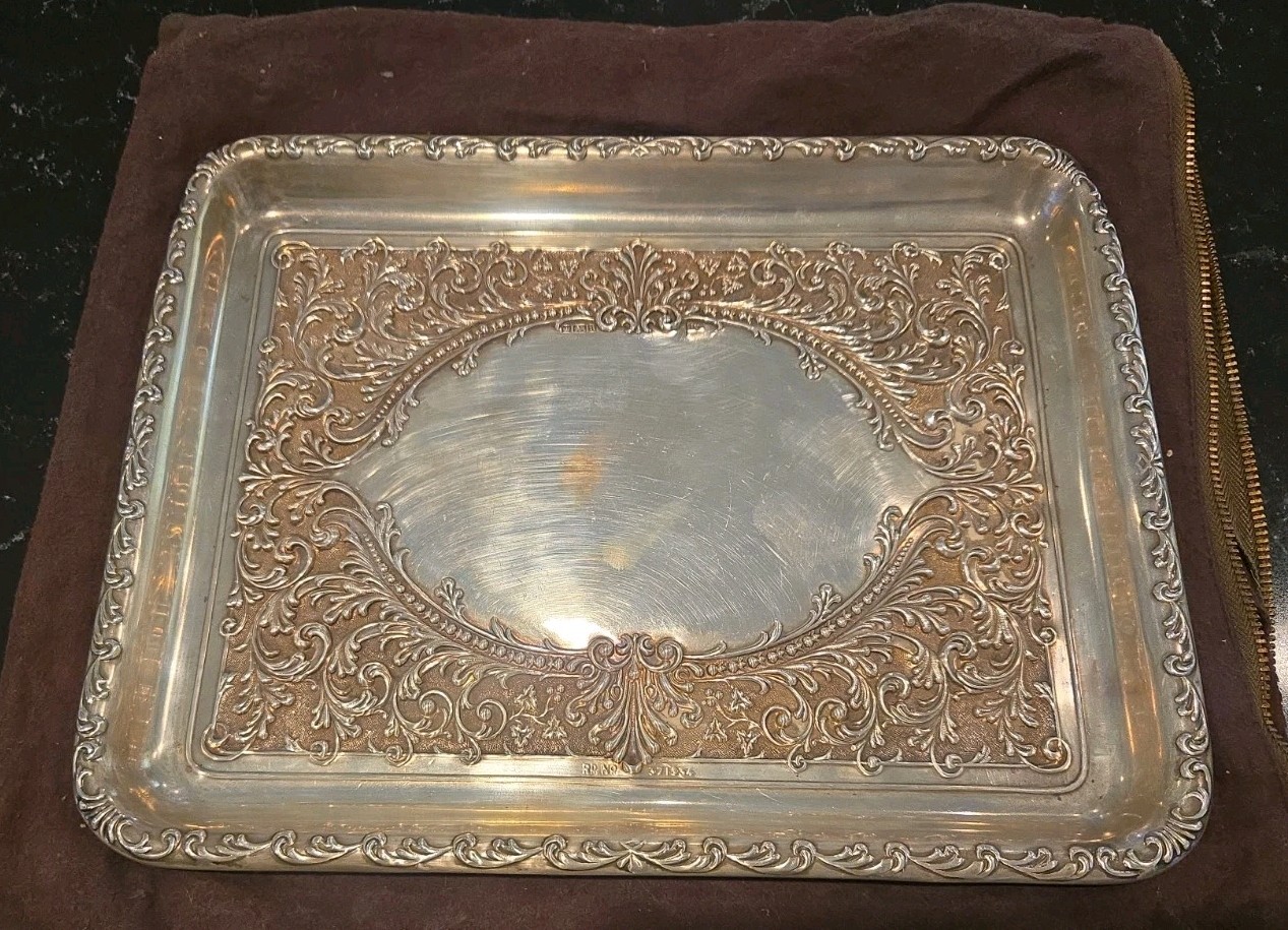 Walker & Hall Sheffield England Sterling Silver Tray, Floral Pattern,  327 Grams