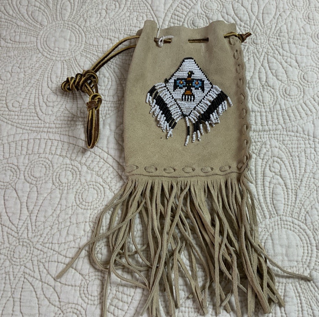 Vintage Southwest Suede Leather Pouch With Fringe & Beadwork, Light Beige