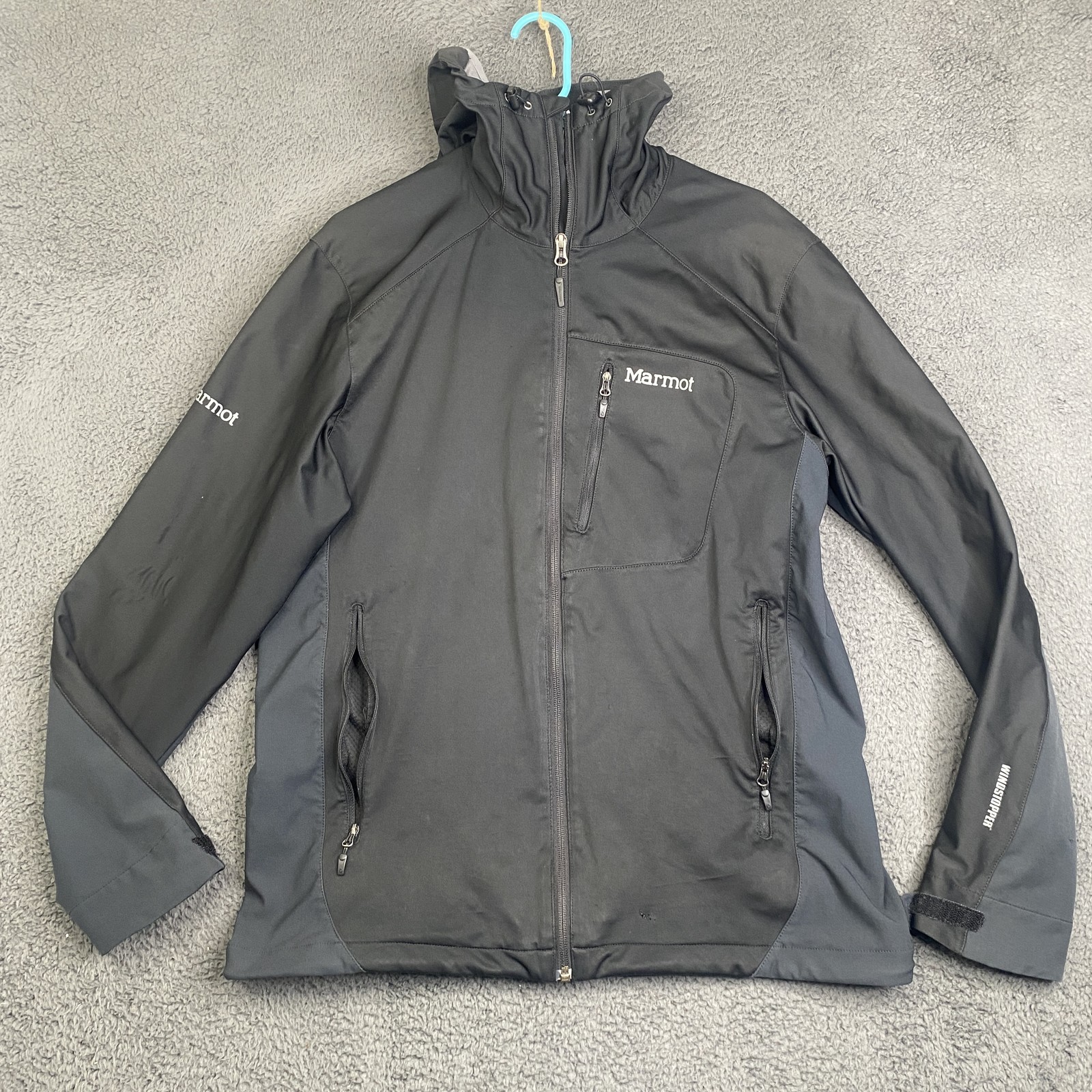 Marmot Jacket Mens Large Black GORE WINDSTOPPER Softshell Hooded Outdoor