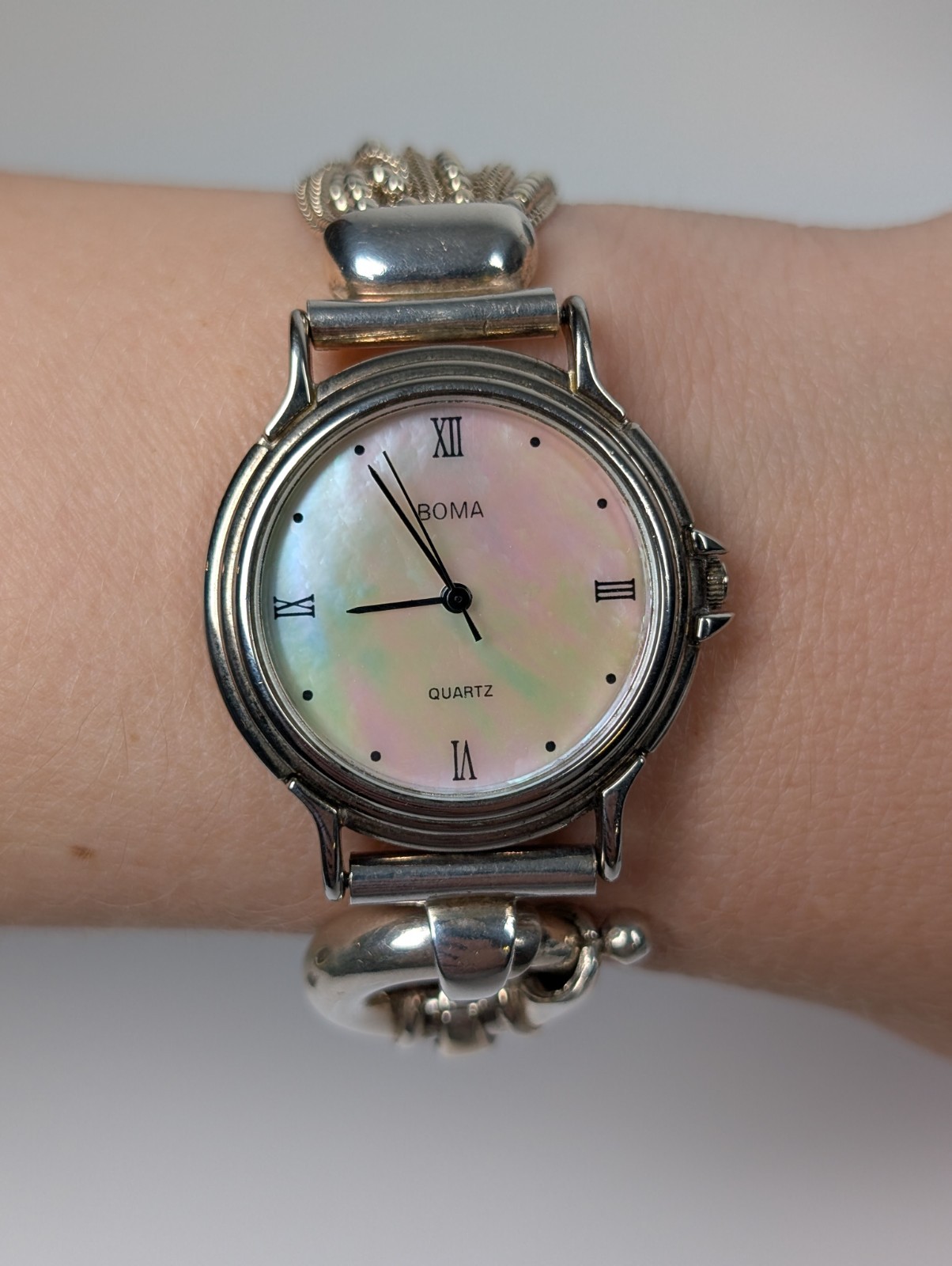 Vtg BOMA 925 Sterling Silver Mother of Pearl Quartz Watch Beaded Bracelet Sz 5.5