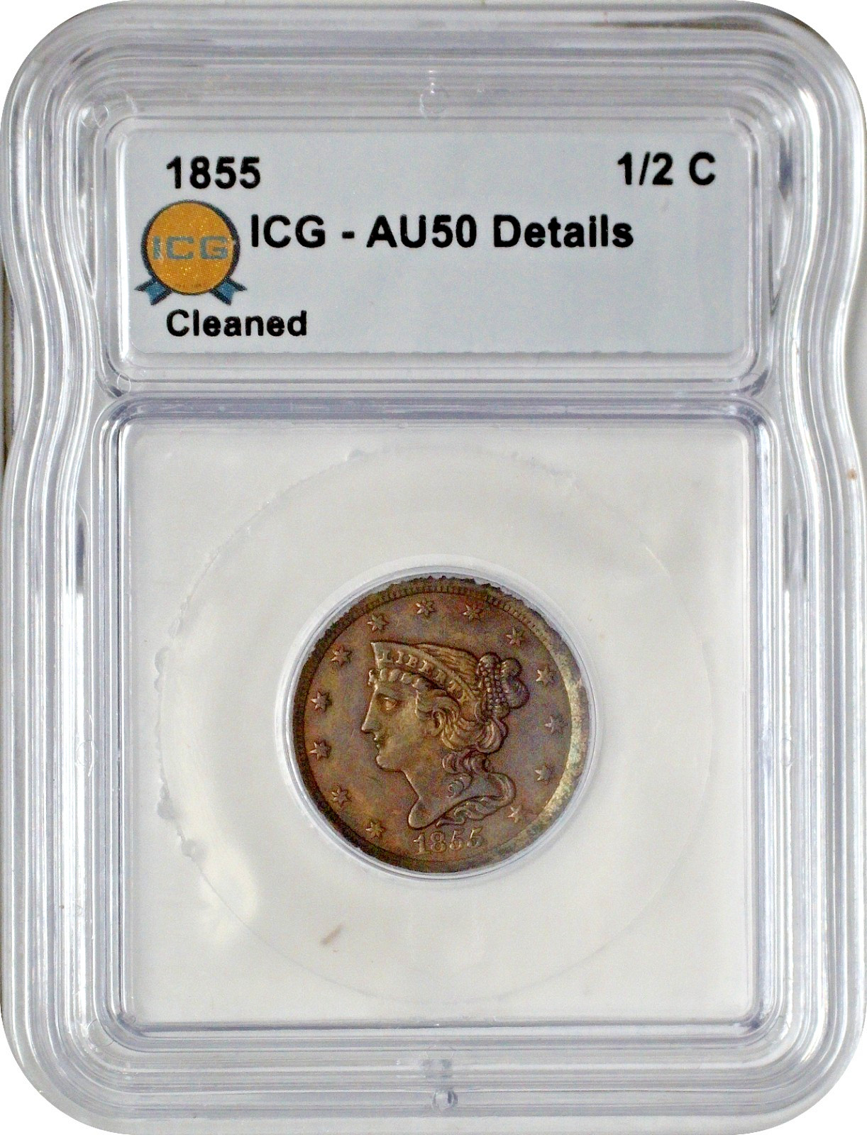 1855 Braided Hair Half Cent 1/2¢ ICG AU50 About Uncirculated Detail Cleaned