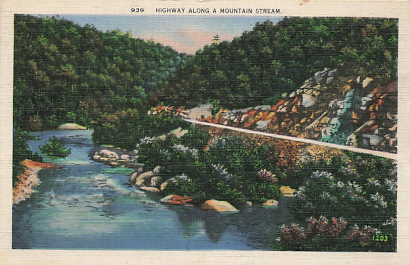 Postcard NC: Highway Along a Mountain Stream, Linen Posted 1945