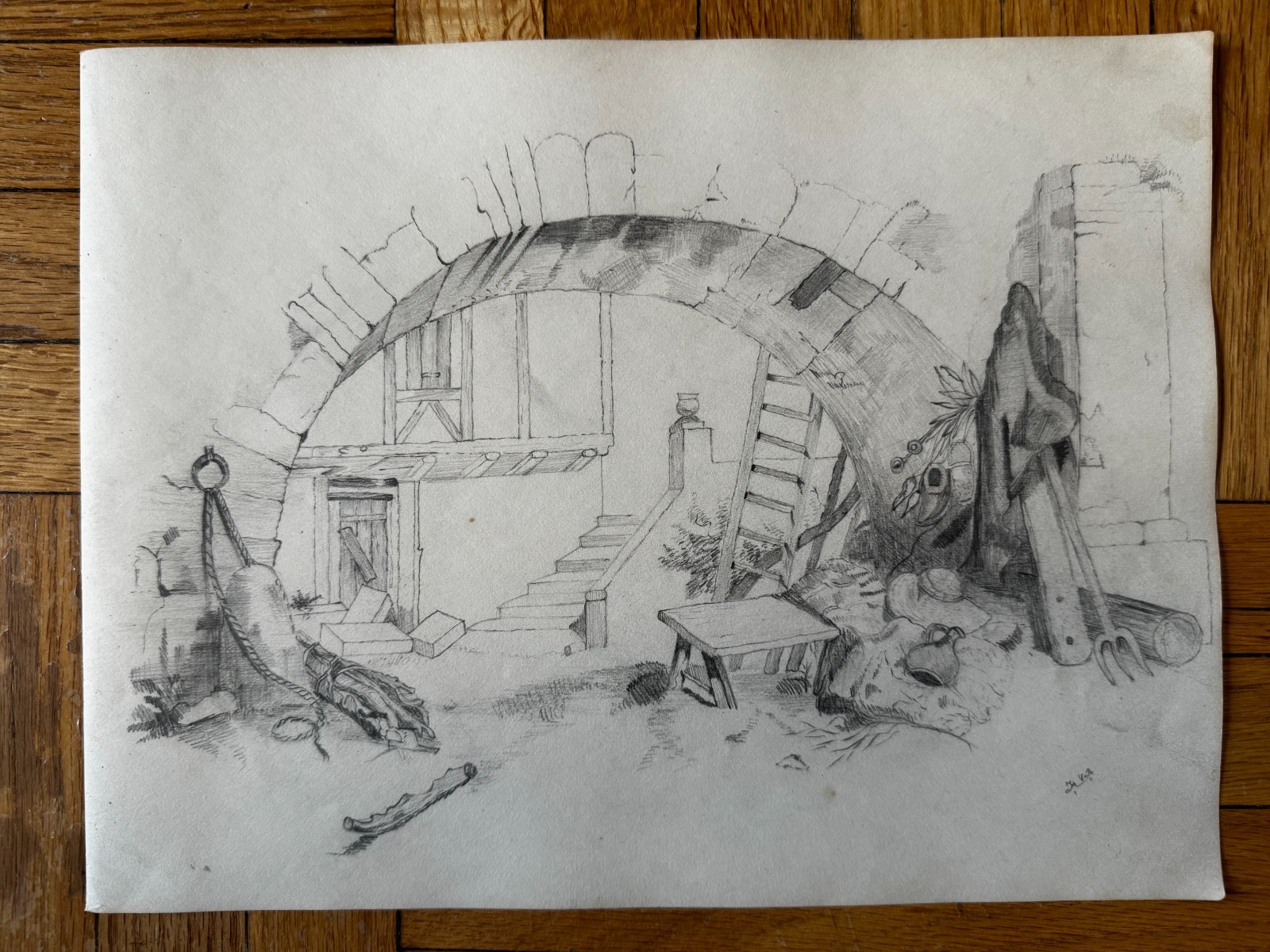 Antique 19th Century Drawing of an Old Stone Arch Belgium Belgian 8.5 x 11