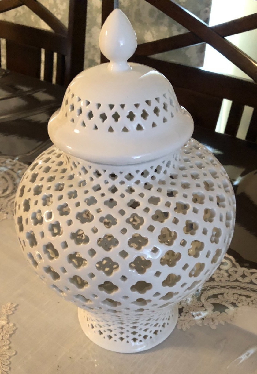 VINTAGE TWO'S COMPANY Porcelain White Carthage Large Pierced Lantern 12 Inch
