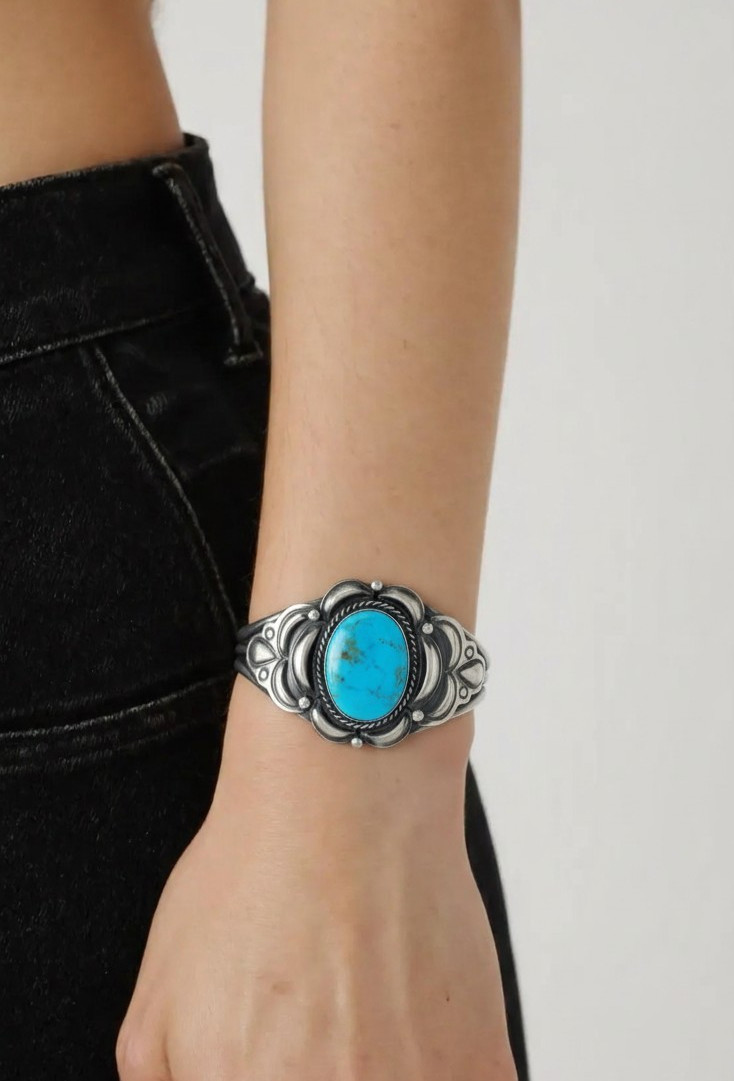 Beautiful Satin Finish Turquoise Bracelet by Navajo Artist Raymond Delgarito