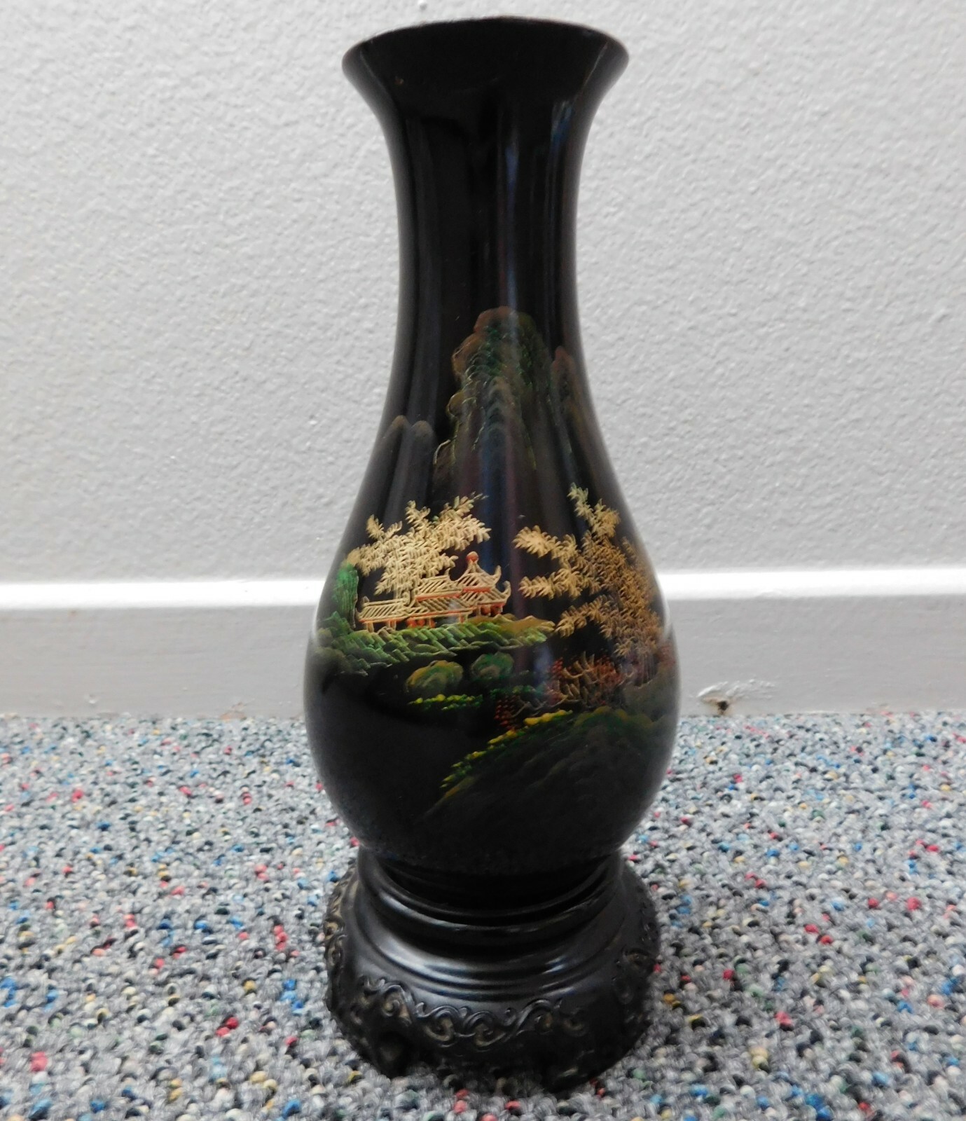 Antique Chinese Foochow Fuzhou Hand Painted Black Lacquered Wood Vase Antique Chinese Foochow Fuzhou Hand Painted Black Lacquered Wood Vase