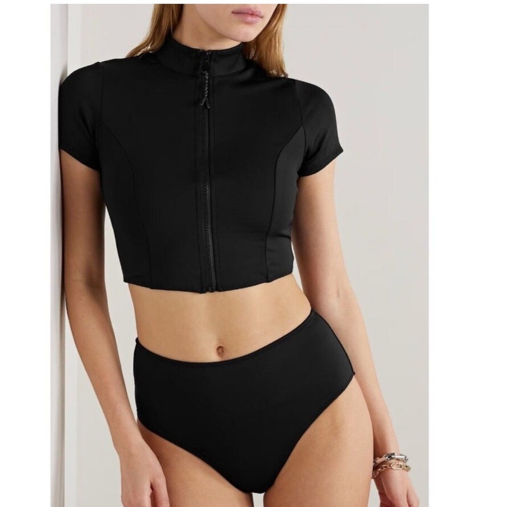 Good American Cropped Scuba Rash Guard Zip Front Swim Top Black Size 3 Womens