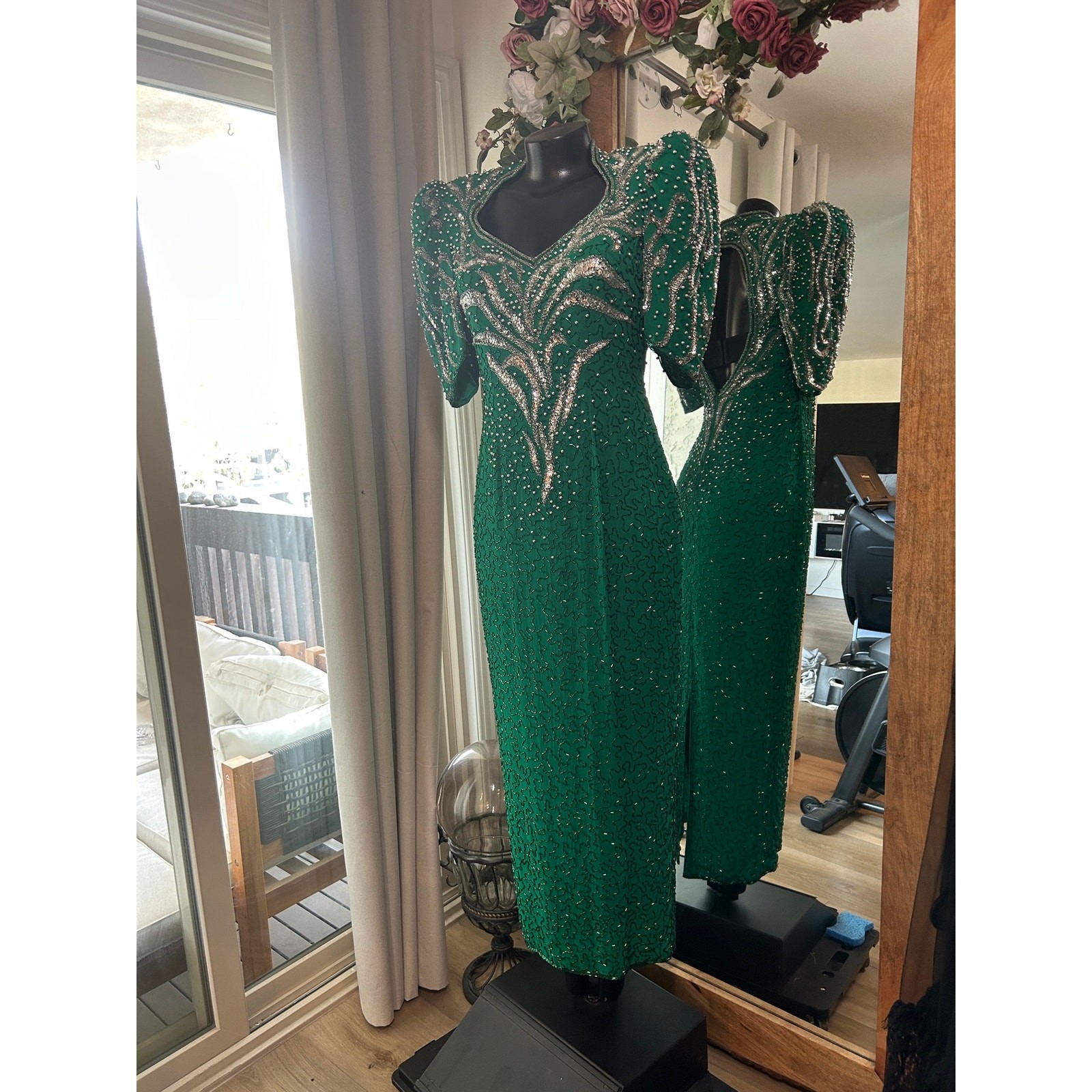 Vtg 80s Alyce Designs Green Silk Beaded Dress Open Back Sequin Sz 10 MSRP $500+