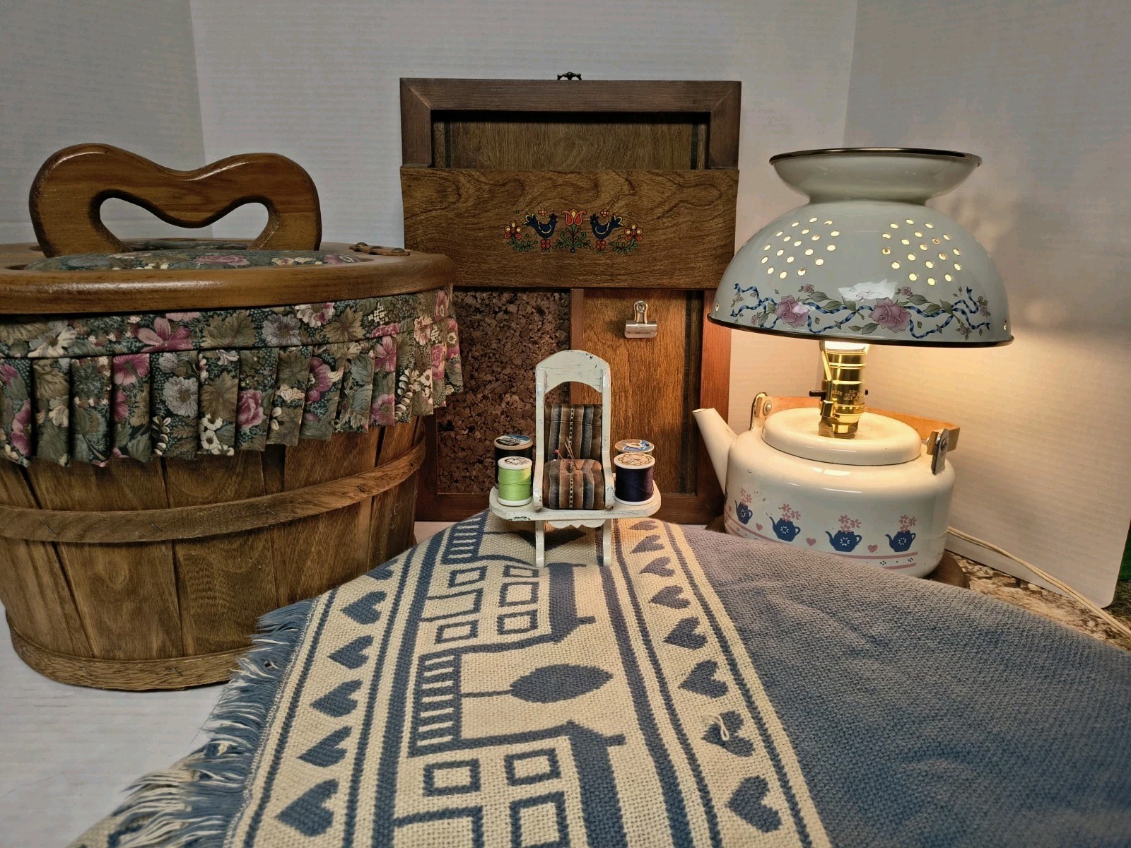 Vintage Cottage Core Decor Handmade Lamp Blanket, Basket Pin Cushion Mail Holder