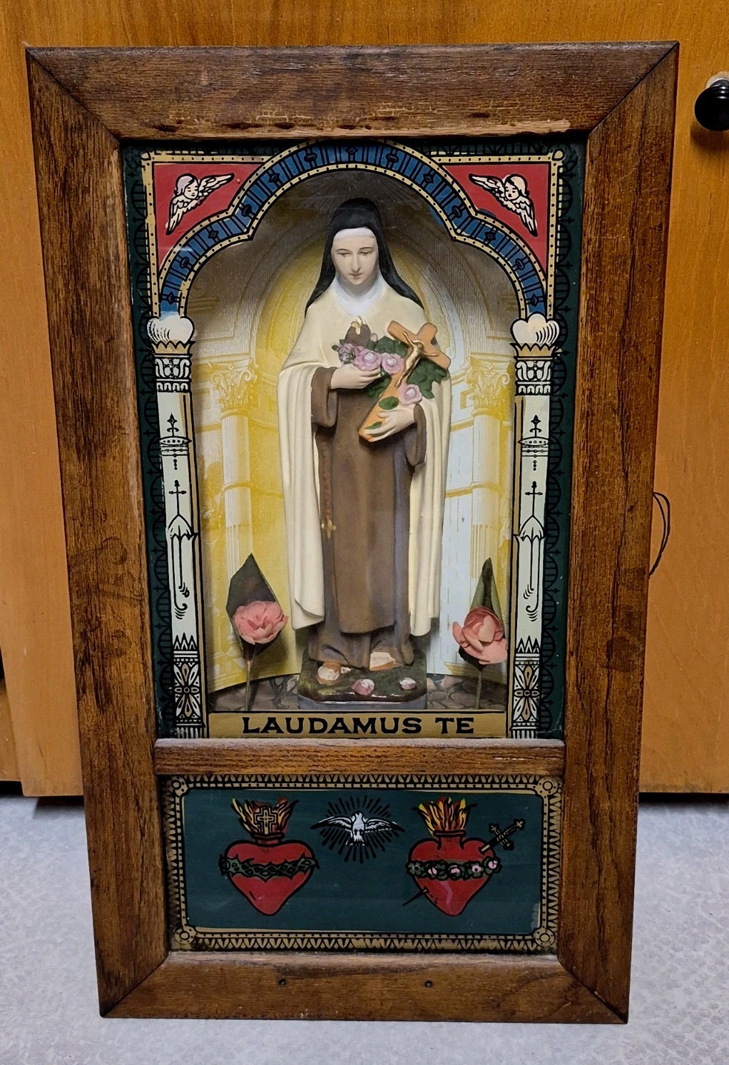 Antique THERESE of Lisieux Little Flower Shadow Box Shrine 1800s Laudamus Te 