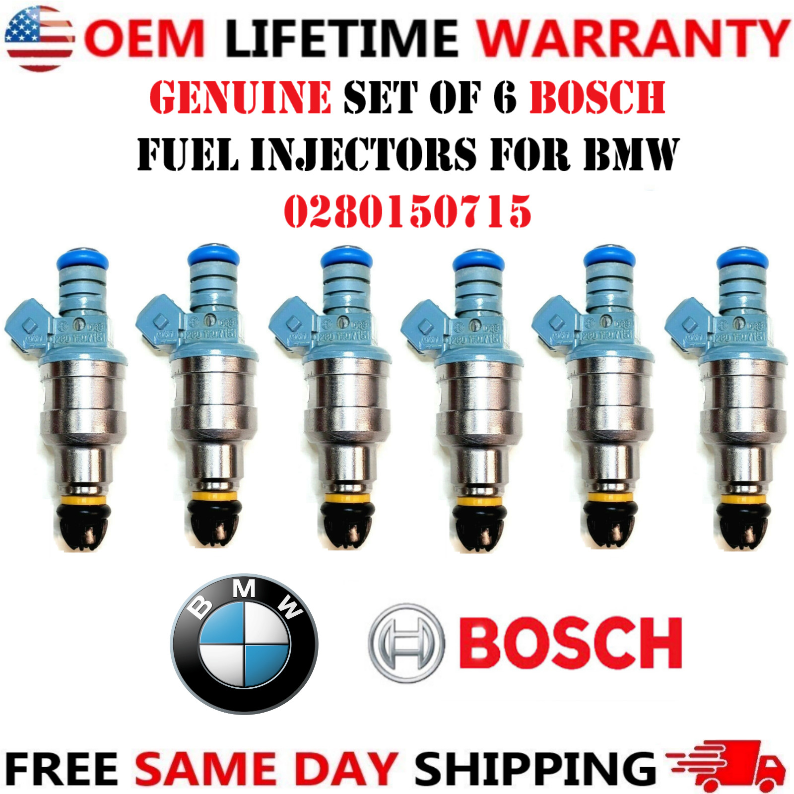OEM BOSCH x6 Fuel Injectors for 1987-1997 BMW 2.5L I6 5.0L 5.4L 5.6L #0280150715