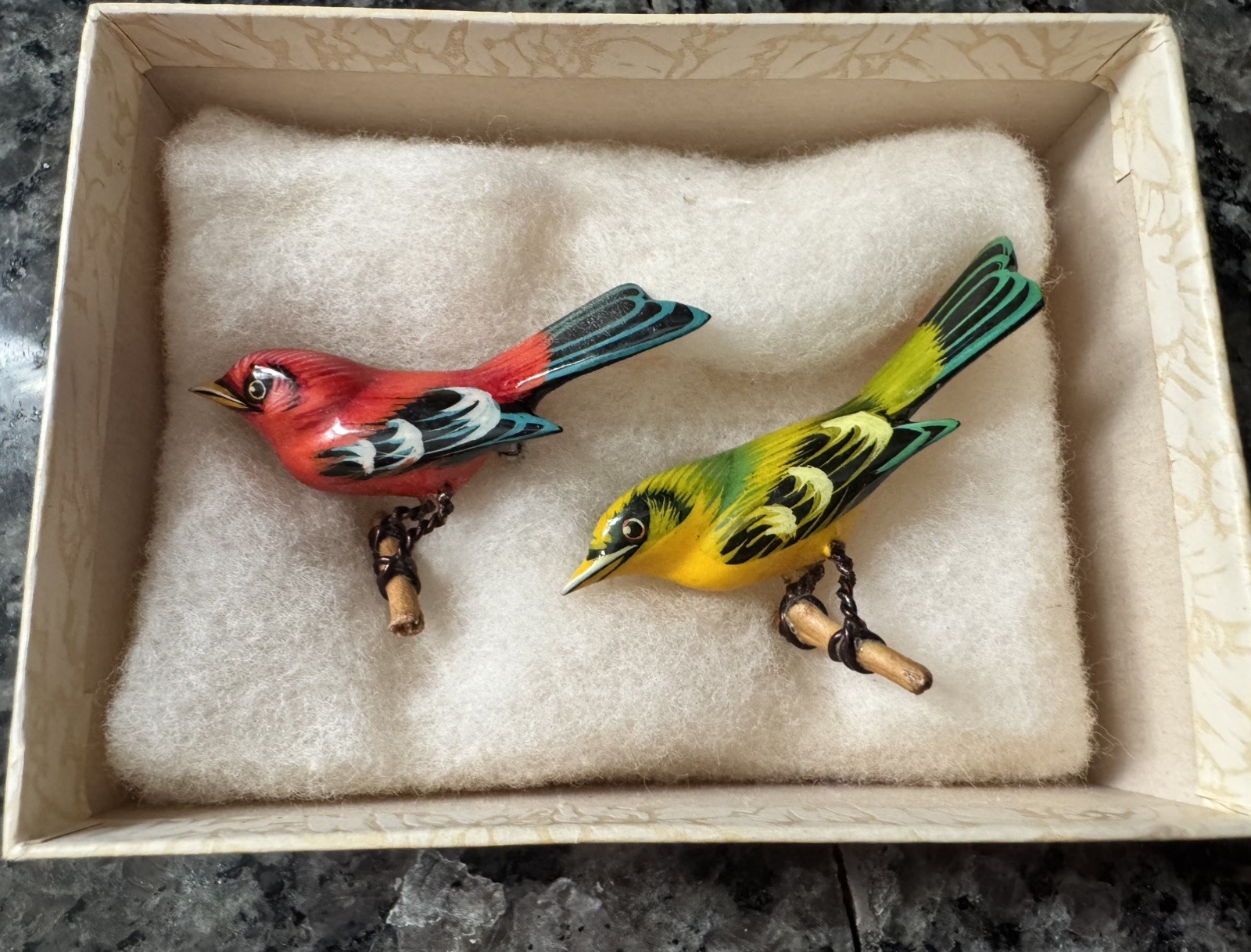 Vintage Takahashi Scarlet Tanger Hand Carved Painted Bird Brooch Pins