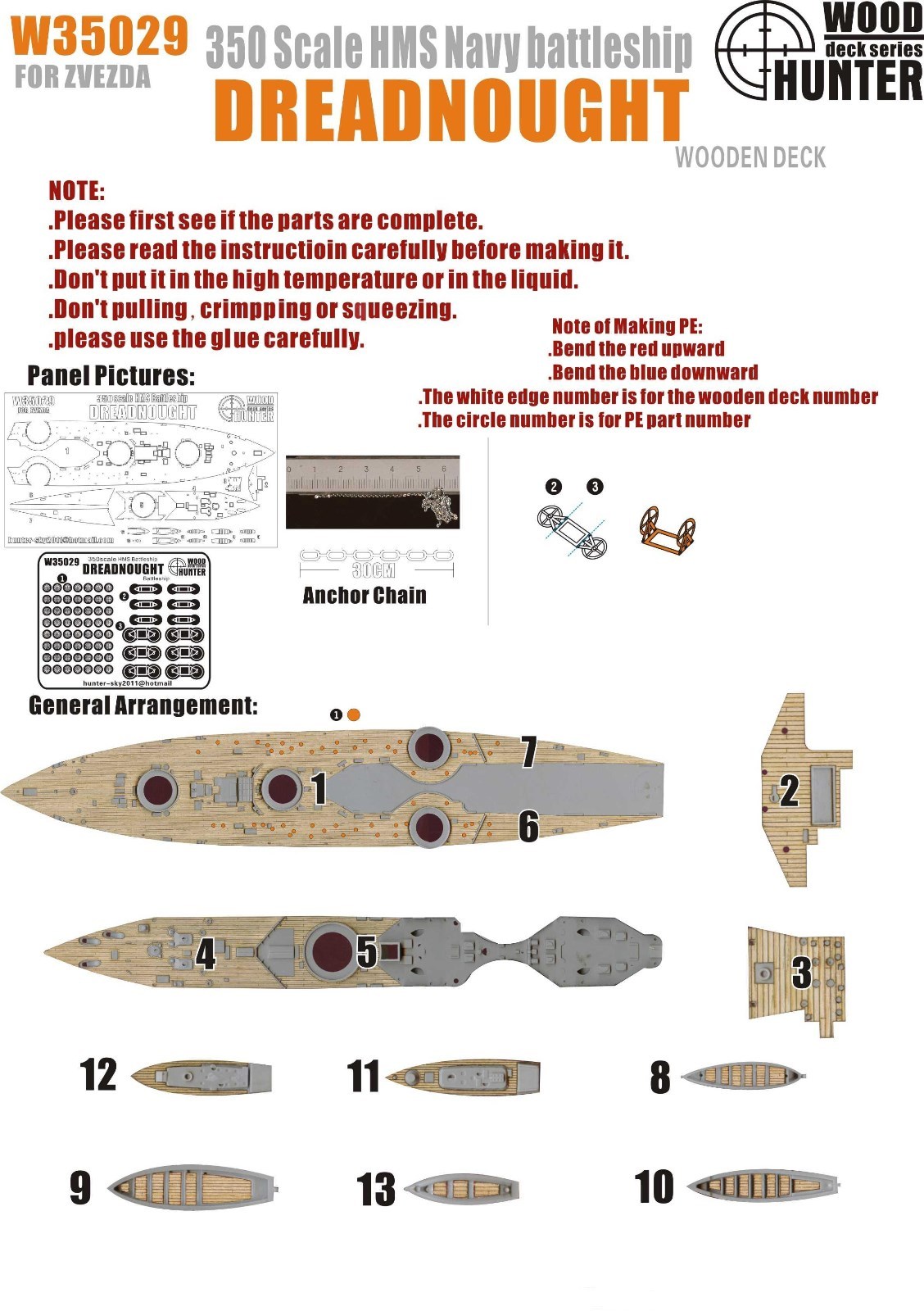 Hunter 1/350 W35029 Wood deck HMS Dreadnought for Zvezda