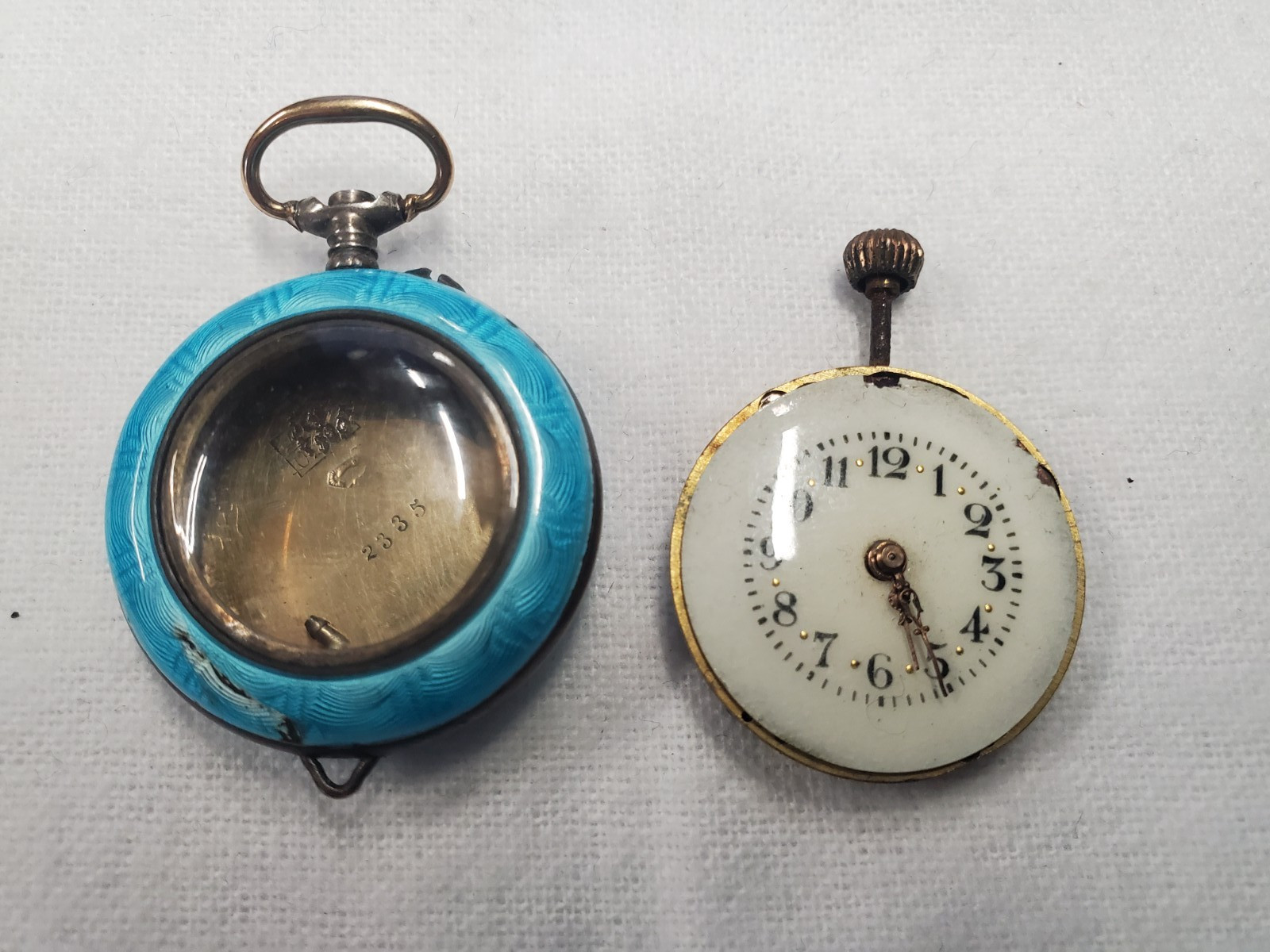 Antique Swiss Silver Argent Doré Blue Enamel Ladies Pocket Watch Parts Repair