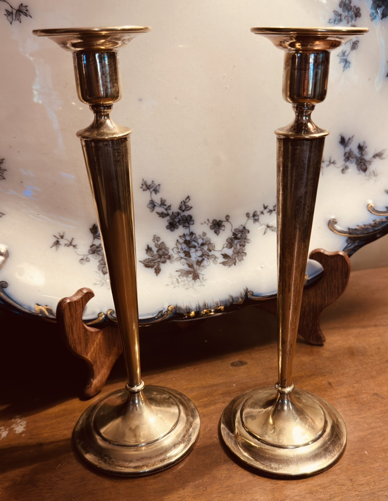 Pair Antique C.H.B. Sheffield Silver Plate Candlesticks 10” C.H. Beatson #408