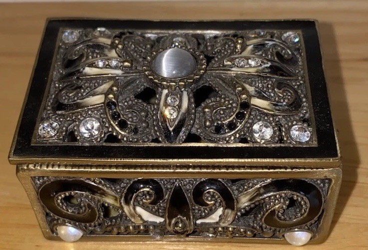 Vintage Jeweled Metal Trinket Box Faux Pearl Rhinestone Baroque 2.5”