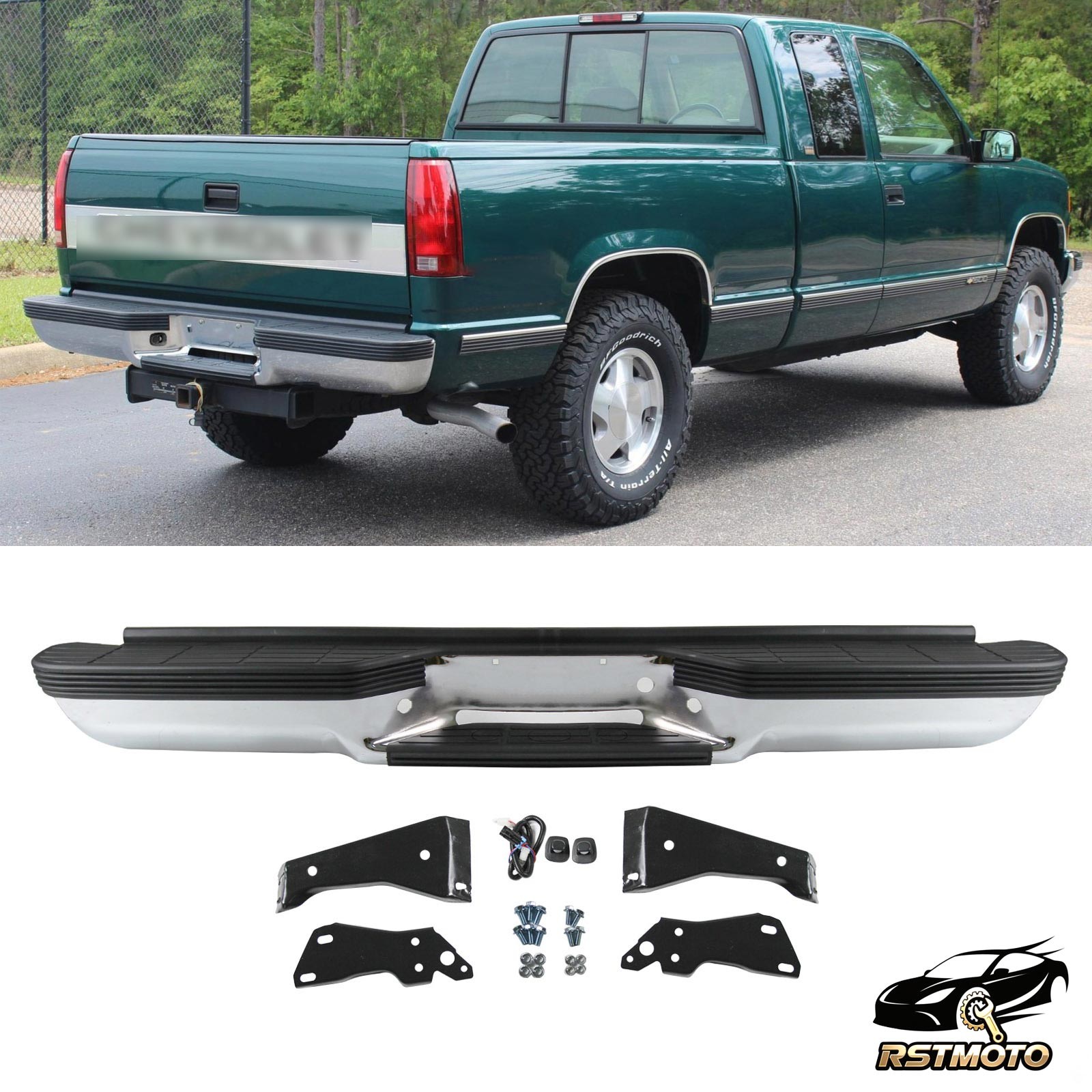 Chrome Rear Step Bumper Assembly for 1988-2000 Chevy GMC C/K Series 1500 2500