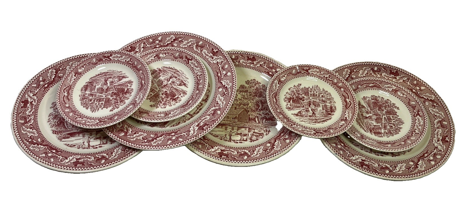 ( 8 SET ) Vintage Royal China Memory Lane Red Transferware Ironstone Plate Set
