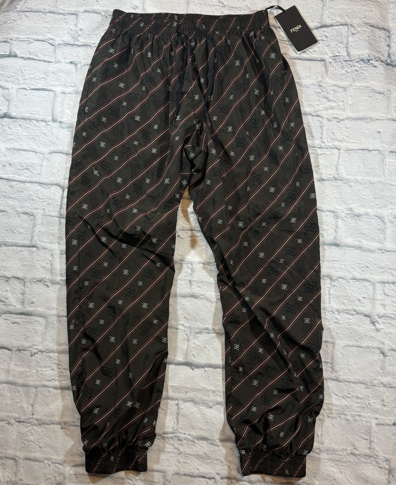 FENDI Roma Karligraphy Print Striped Cocoa Nylon Jogger Track Pant NEW w/Tags FENDI Roma Karligraphy Print Striped Cocoa Nylon Jogger Track Pant NEW w/Tags