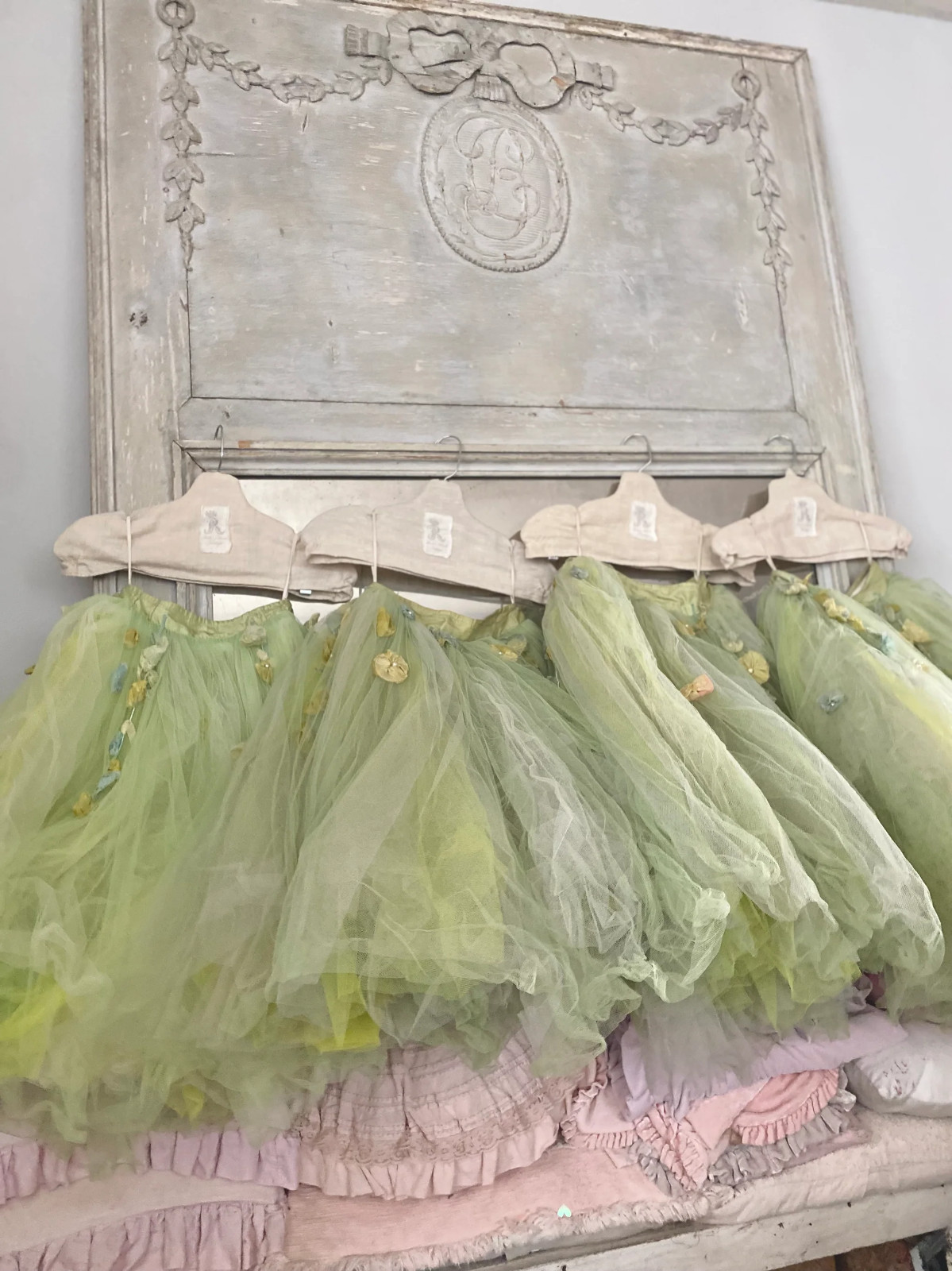 RARE Antique German Ballet Tutu Skirt Flower Garlands Ribbonwork Rosettes