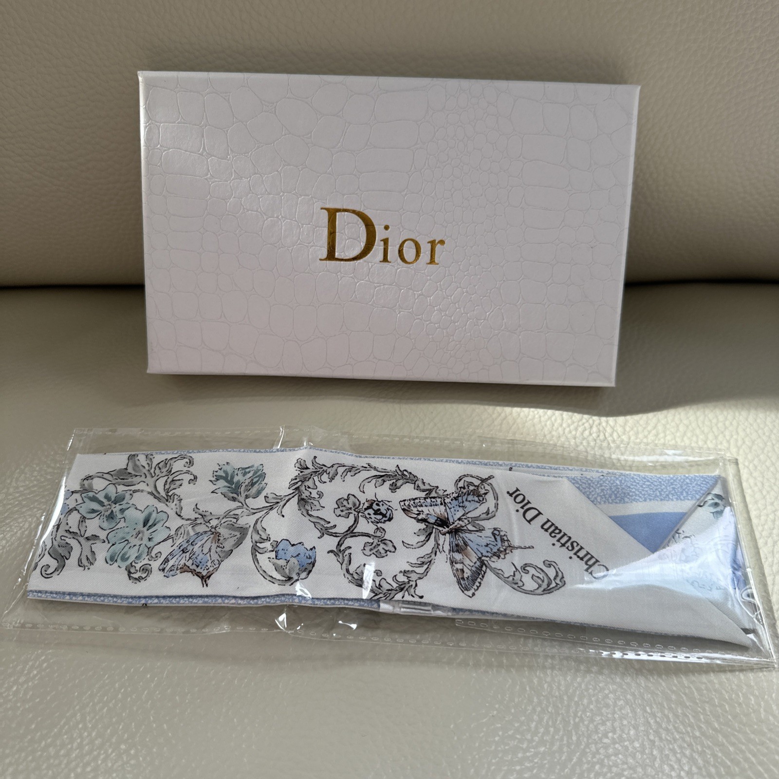 Christian Dior GWP Silk Ribbon Scarf Blue Floral Gift Box. Christian Dior GWP Silk Ribbon Scarf Blue Floral Gift Box.