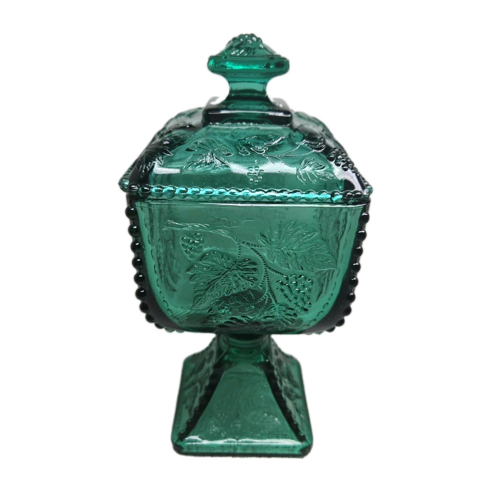 Vtg Jeannette Glass Spruce Green Oak Leaf Acorn Wedding Cake Box Candy Dish wLID