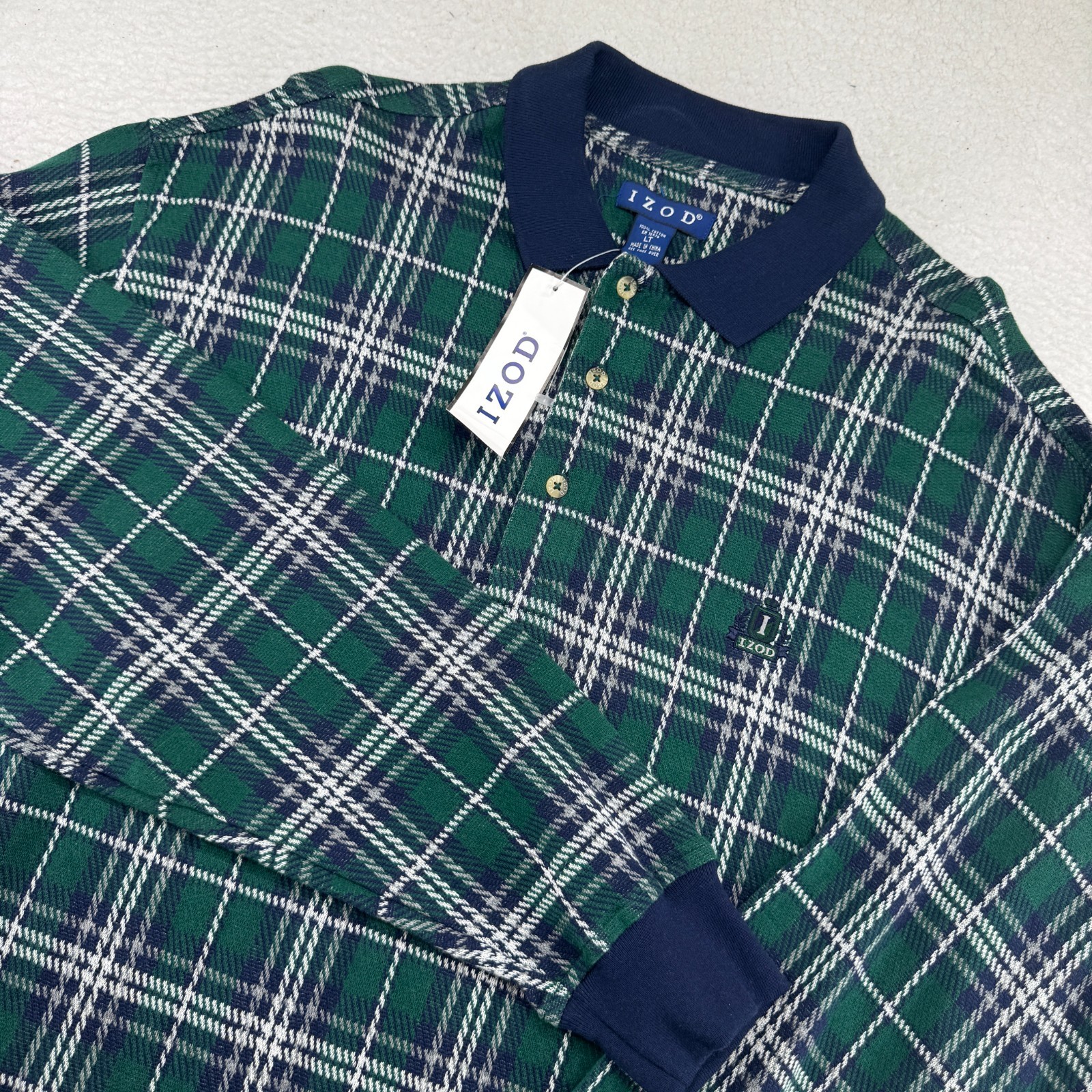 NWT Vintage IZOD Long Sleeve Polo Mens Large Tall Green tartan Plaid Deadstock NWT Vintage IZOD Long Sleeve Polo Mens Large Tall Green tartan Plaid Deadstock
