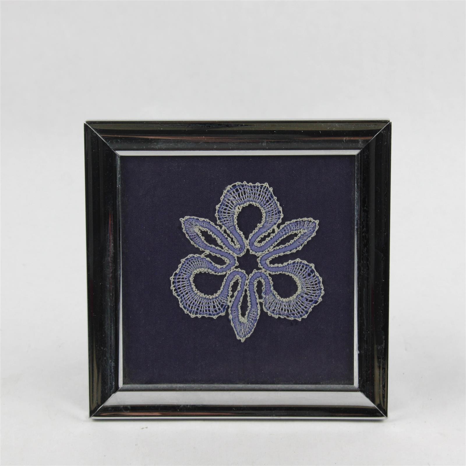 Handmade Blue Floral Design Bobbin Lace Art in Silver-Tone Metal Frame