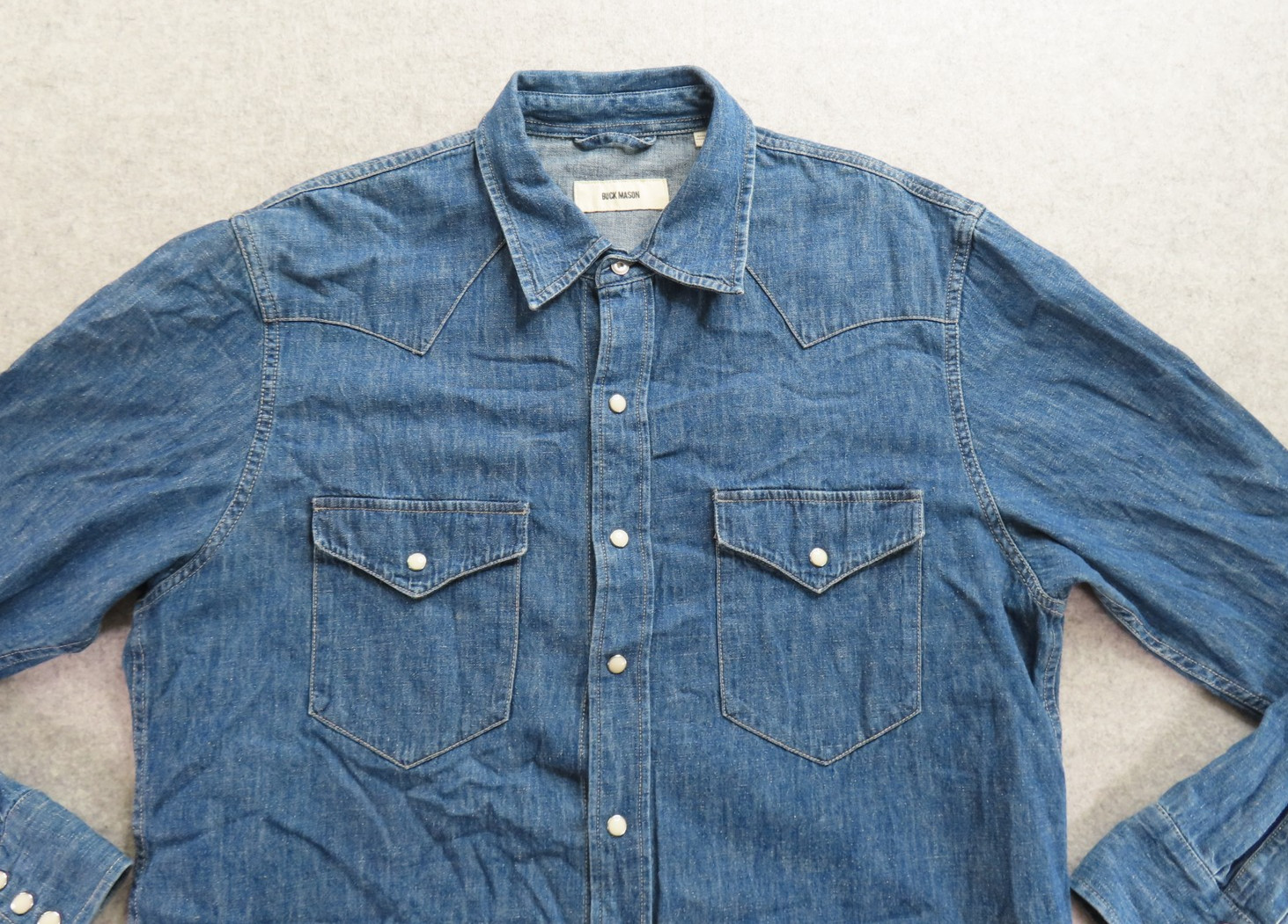 Buck Mason Shirt Mens XL Blue Denim Western Pearl Snap Cotton Long Sleeve Casual