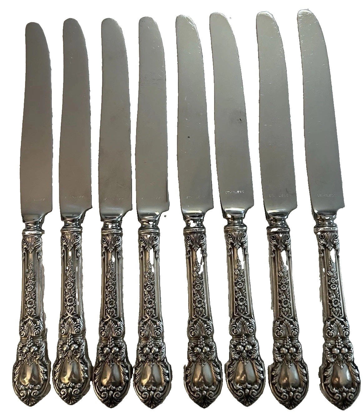Reed & Barton Francis I Sterling Handle Stainless Dinner Knives Set of 8