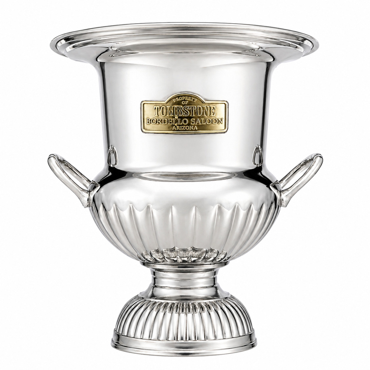 Tombstone Bordello Saloon Ice Bucket Chrome Brass Tag Old West Vintage Style